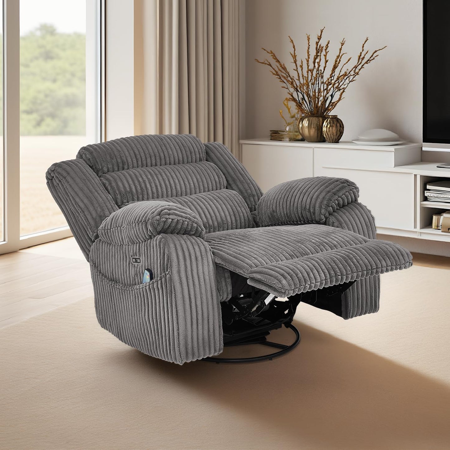 ERYE Power Reclining Chair 270° Swivel Rocker Chair W/Vibration Heat and USB-C Ports,Power Control Recliner Armchair Corduroy Upholstered Nursery Armchair for Living Room Bedroom