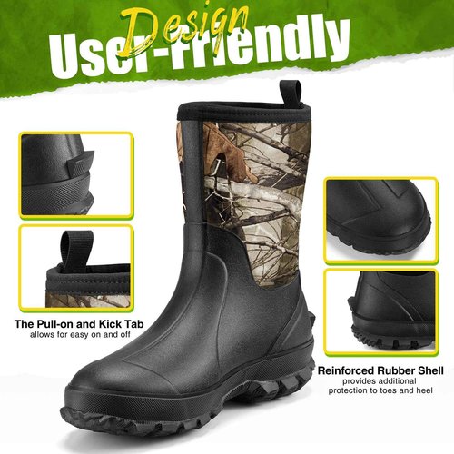 TIDEWE Rubber Boots for Men, 5.5mm Neoprene Insulated Rain Boots with Steel Shank, Waterproof Mid Calf Hunting Boots, Sturdy Rubber Work Boots for Farming Gardening Fishing (Next Camo G2 Size 10)
