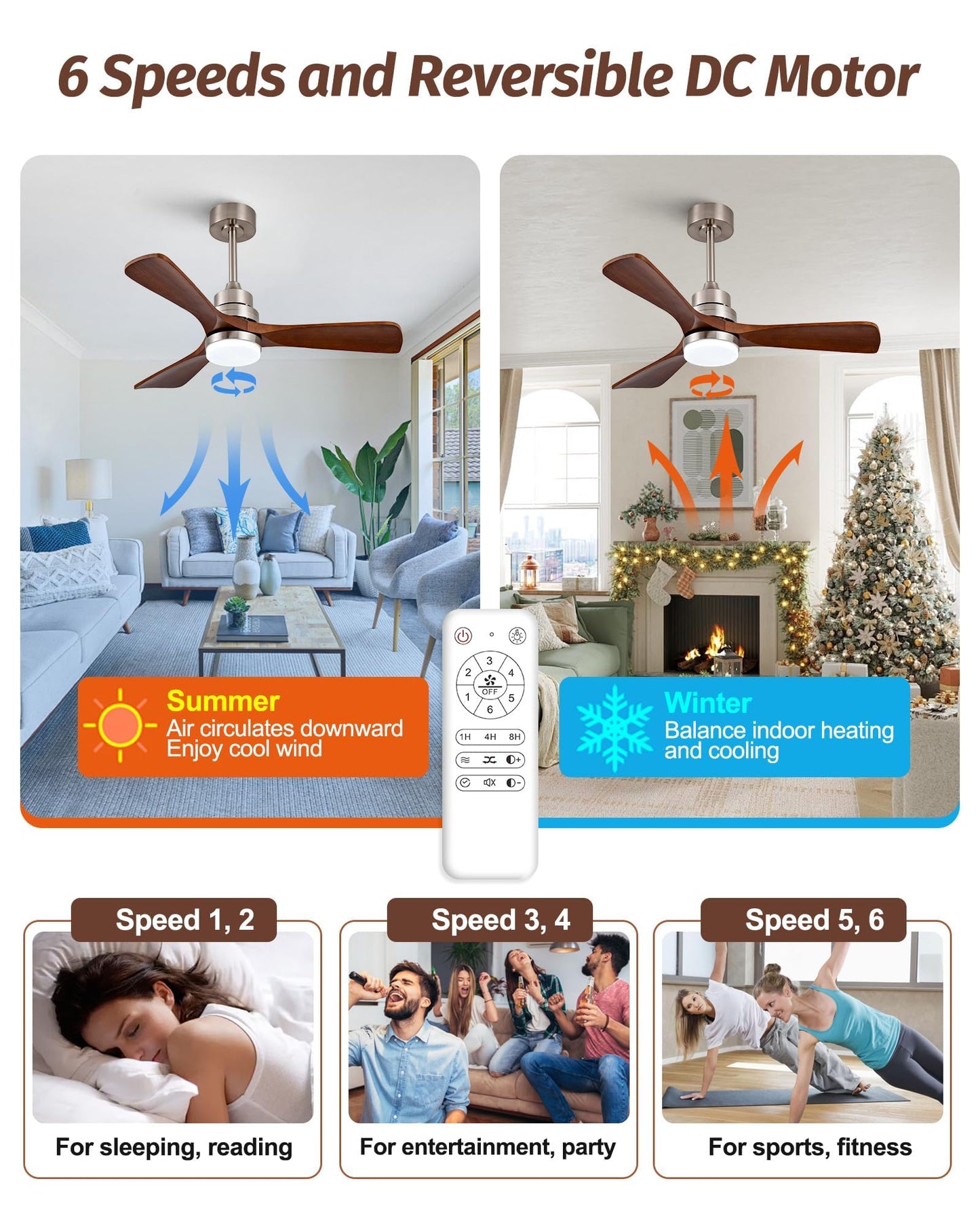 FXZZ 42 Inch Ceiling Fans with Lights, Remote Control, Dimmable, Solid Wood Blades, Power-Off Memory, Quiet DC Motor, Brushed Nickel Modern Ceiling Fan for Farmhouse Living Room Bedroom Outdoor Patio