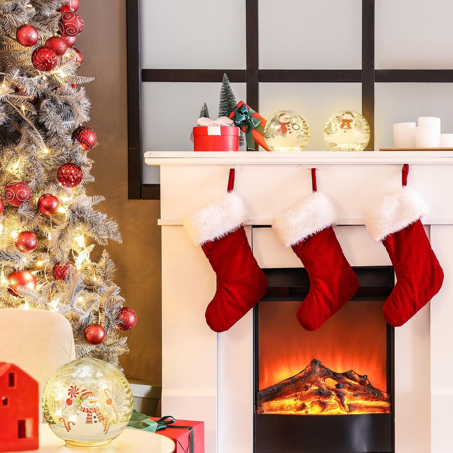Soulchen 3 Pcs Christmas Decorations Indoor Snowman Globe Crackle Glass Ball Lamp with LED Lights Tabletop Xmas Decor Christmas Table Decorations for Home Fireplace Mantel