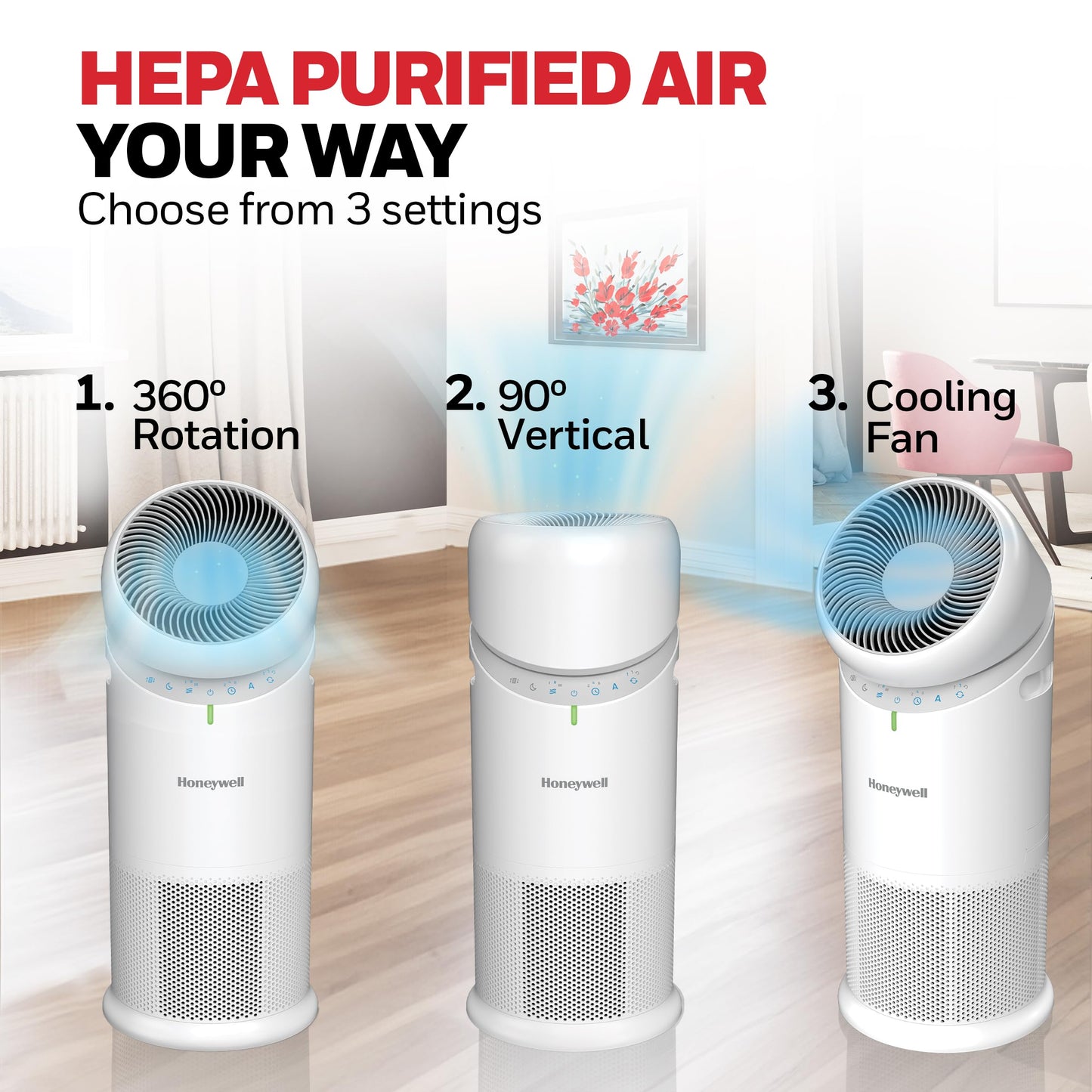 Honeywell Allergen Plus™ 3-in-1 HEPA Air Purifier for Home, Fan & Adjustable Airflow for Large Rooms up to 1928 Ft², Air Quality Sensor, Reduces Allergens, Pet Dander & Odors, HPA6000, White