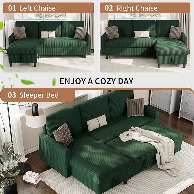 Nuturelly Sectional Sofa Couch Bed L Shaped Sleeper Sofa Bed Pull Out Bed with Storage, Reversible Sectional Couches for Living Room, Apartment, Office(Green)