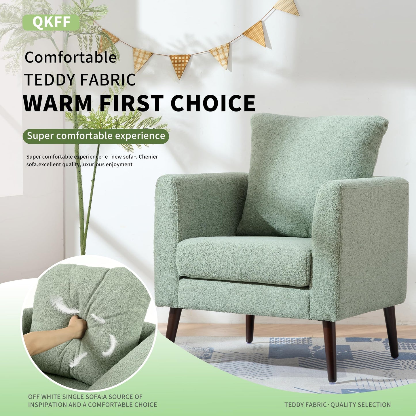 QKFF Barrel Accent Chair with Back Pillow, Large Teddy Upholstered Armchair with Solid Wood Legs Modern Reading Chairs for Living Room Bedroom