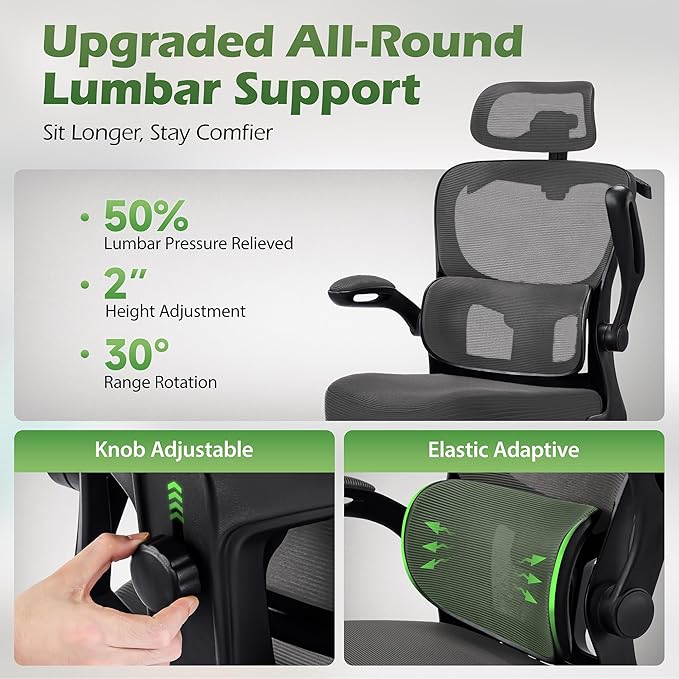 AreShark Office Chair Ergonomic Desk Chairs with Adjustable Lumbar Support& Headrest Hanger, High Back Breathable Mesh Chair with Wheels, Rolling Swivel Comfy Task Computer Chair for Home Work Gaming