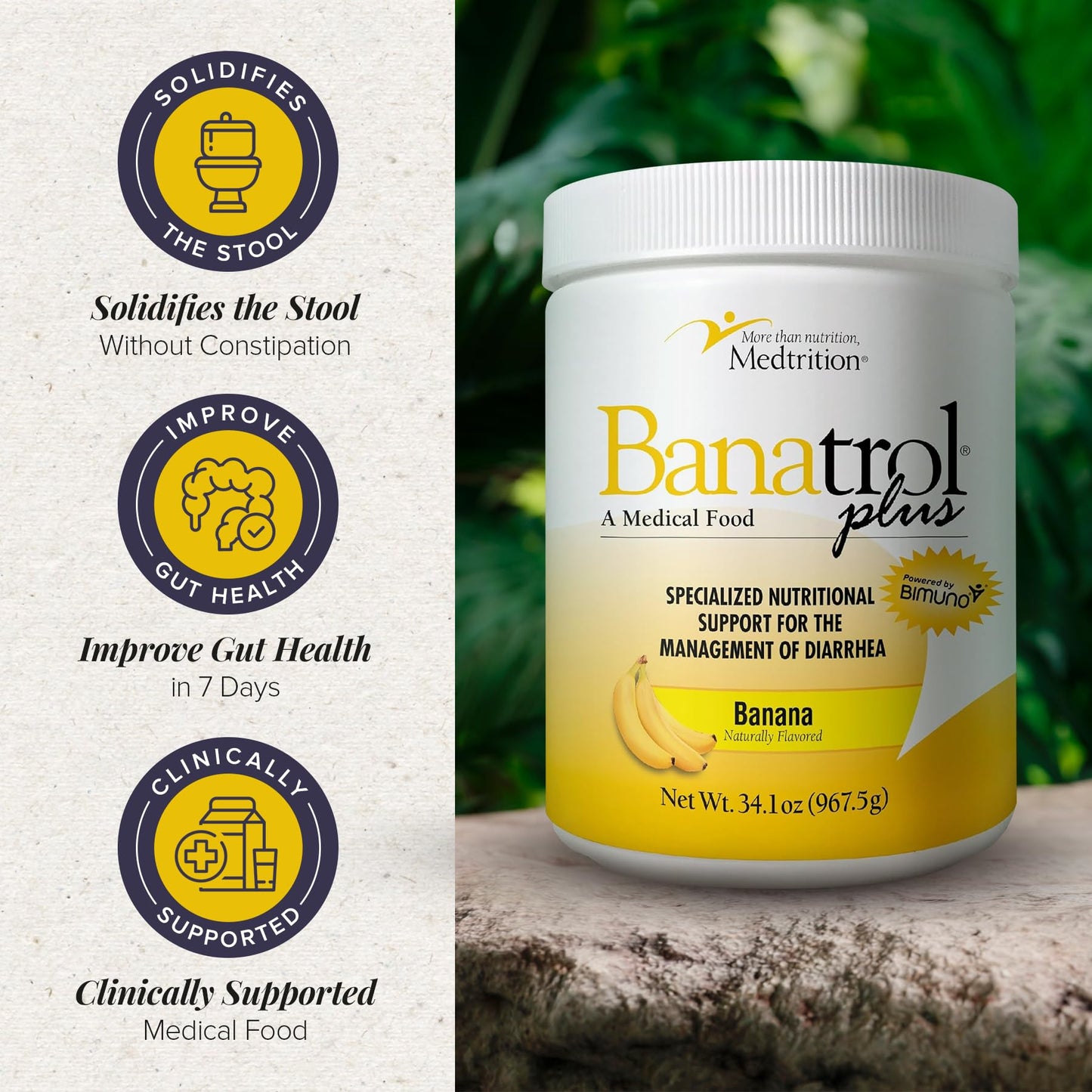 Medtrition Banatrol® Natural Anti-Diarrheal with Prebiotics, Relief from Chronic Diarrhea, IBS, Recurring Diarrhea, Clinically Supported Medical Food, Non-Constipating, 90 Servings (Banana)