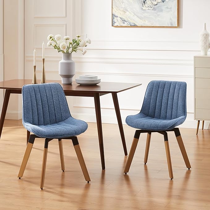 Art Leon Dining Chairs Set of 4, Mid Century Modern Swivel Dining Room Chairs, Fabric Upholstered Armless Side Chairs with Wood Legs for Kitchen Living Room Bedroom, Blue