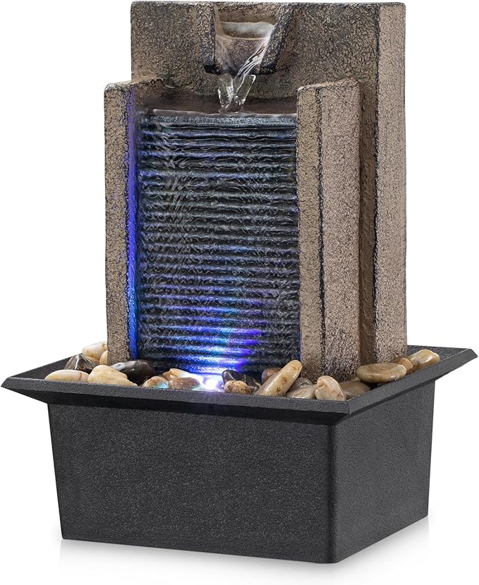 Amootek Tabletop Fountain Relaxing Tabletop Waterfall Fountain with Natural River Rocks & Color-Changing LED Lights - Indo...