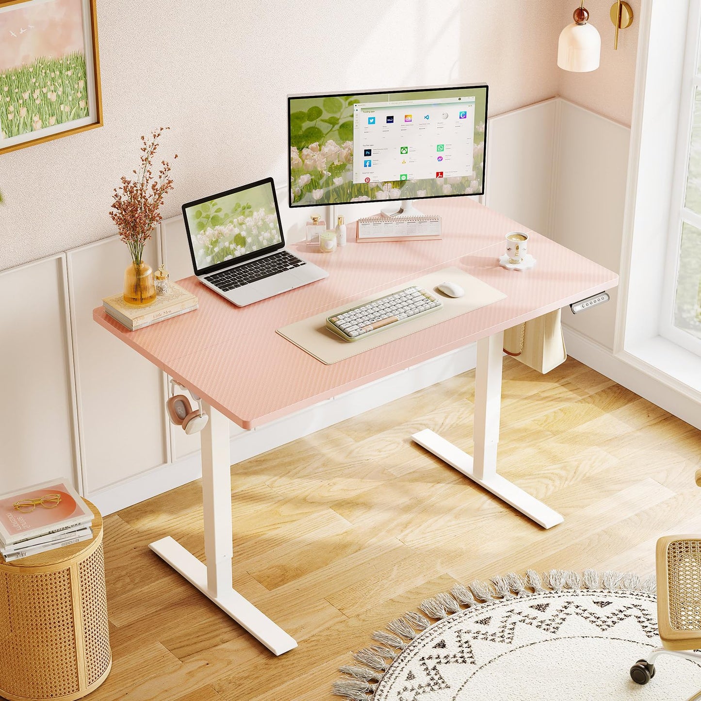 OffiGo Electric Height Adjustable Standing Desk, 40 Inch Pink Computer Desk for Women Girls, Sit Stand Table for Home, Office, Bedroom