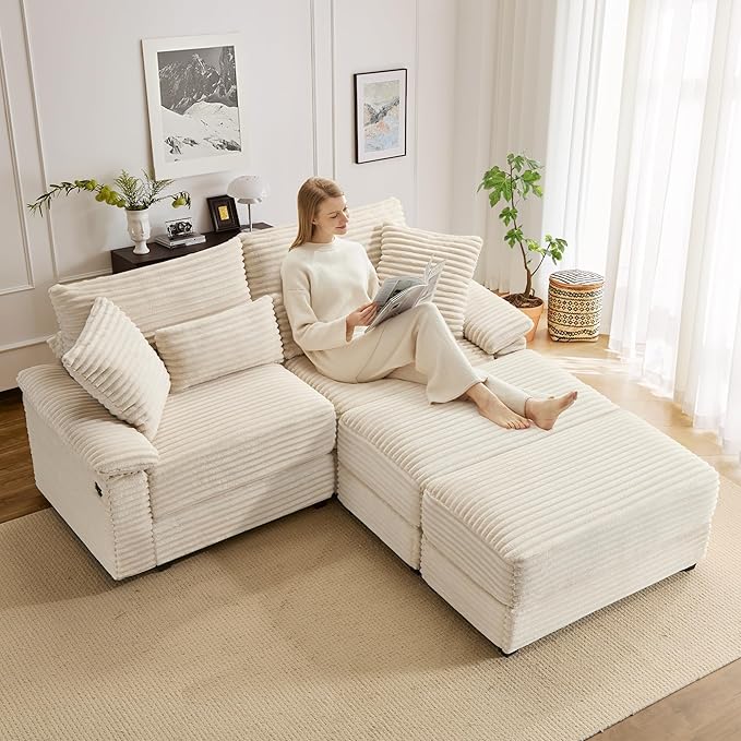 SUNWAVE 74" W Double Chaise Lounge Chair Indoor, Oversized Loveseat with Storage Ottoman, Corduroy Couch with USB Charging, Removable Ottoman, and Coffee Table Cushions for Living Room Bedroom