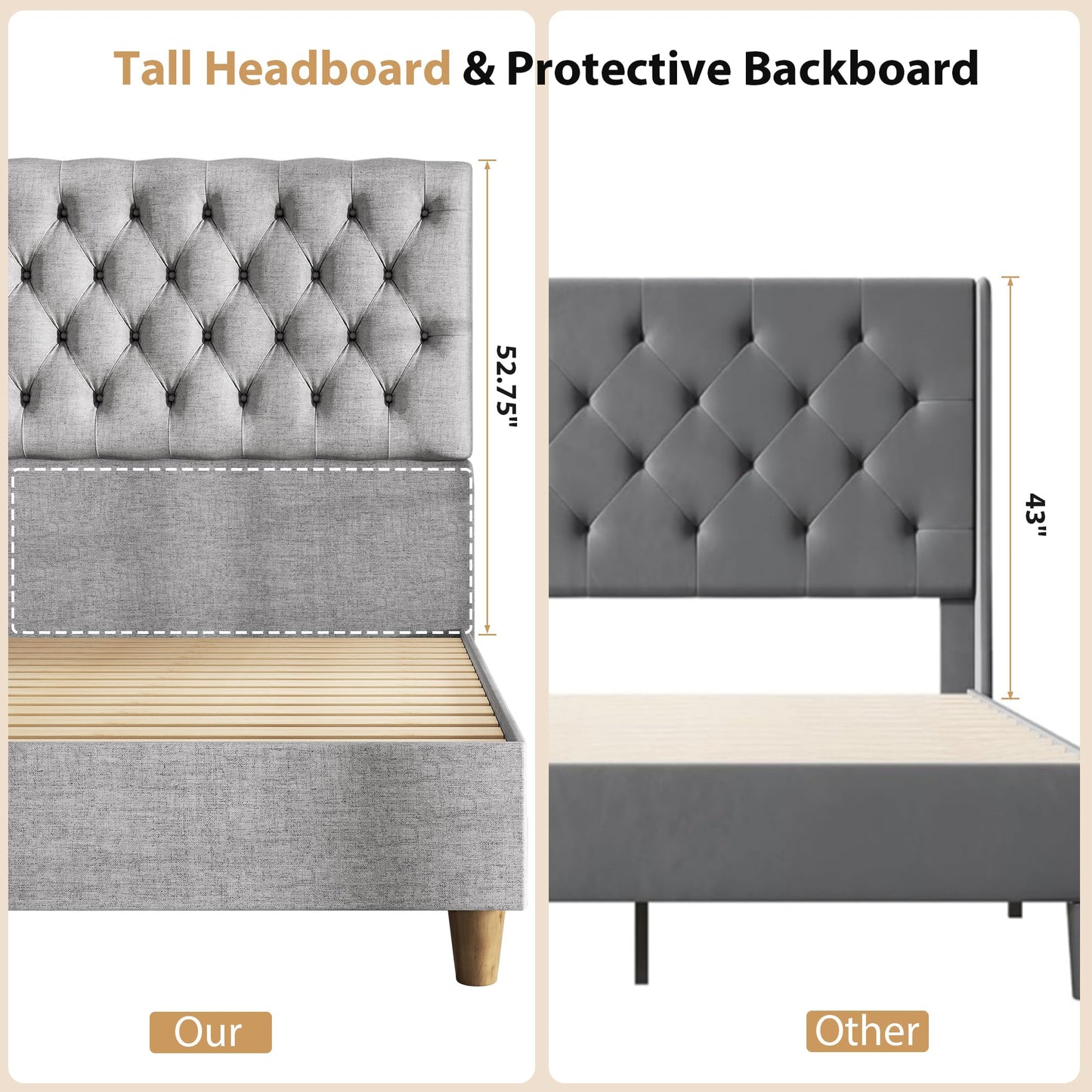 Algglobuy Queen Upholstered Bed Frame with 52.75" Tall Headboard, Platform Queen Bed with Deep Button Tufted, Solid Wood Slats Support, No Box Spring Needed, Noise-Free, Grey