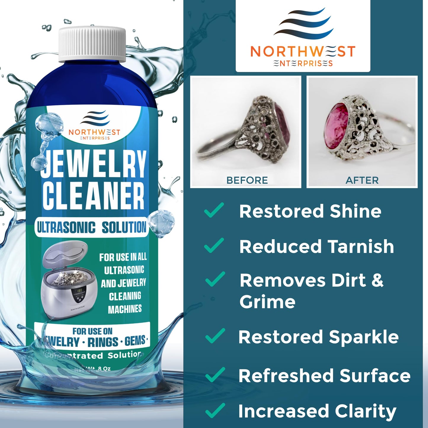 NORTHWEST ENTERPRISES Ultrasonic Cleaner Solution for Jewelry Cleaning. Concentrated Jewelry Cleaner for Gold, Platinum Diamonds
