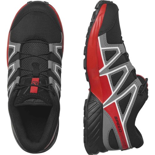 Salomon Junior SPEEDCROSS Outdoor Shoes for Kids, Black / Quiet Shade / High Risk Red, 2