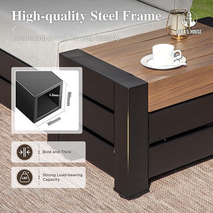 HERA'S HOUSE Metal Patio Furniture Set 6-Piece, All Weather Outdoor Sectional Sofa with Coffee Table & Side Table, 5.9" Thick Waterproof Cushions, Modular Conversation Set for Garden, Deck, Backyard