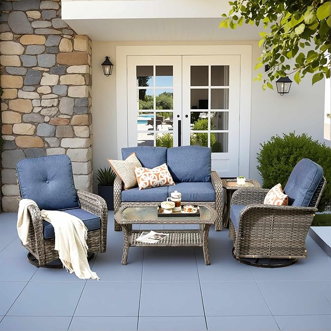 CAODOC 5 Pieces Patio Furniture Set,Outdoor Furniture with Rockers, Rattan Conversation Sets w/Coffee Table, Grey Wicker Blue Cushion