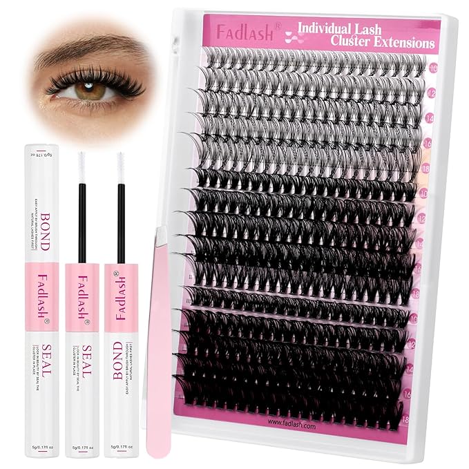 FADLASH Lash Extension Kit 20D+40D+50D Lash Clusters D Curl Lash Cluster Kit DIY Eyelash Extension Kit with Lash Bond and Seal Lash Tweezer Cluster Lashes (Kit, 20D+40D+50D-07D-Mix10-18)