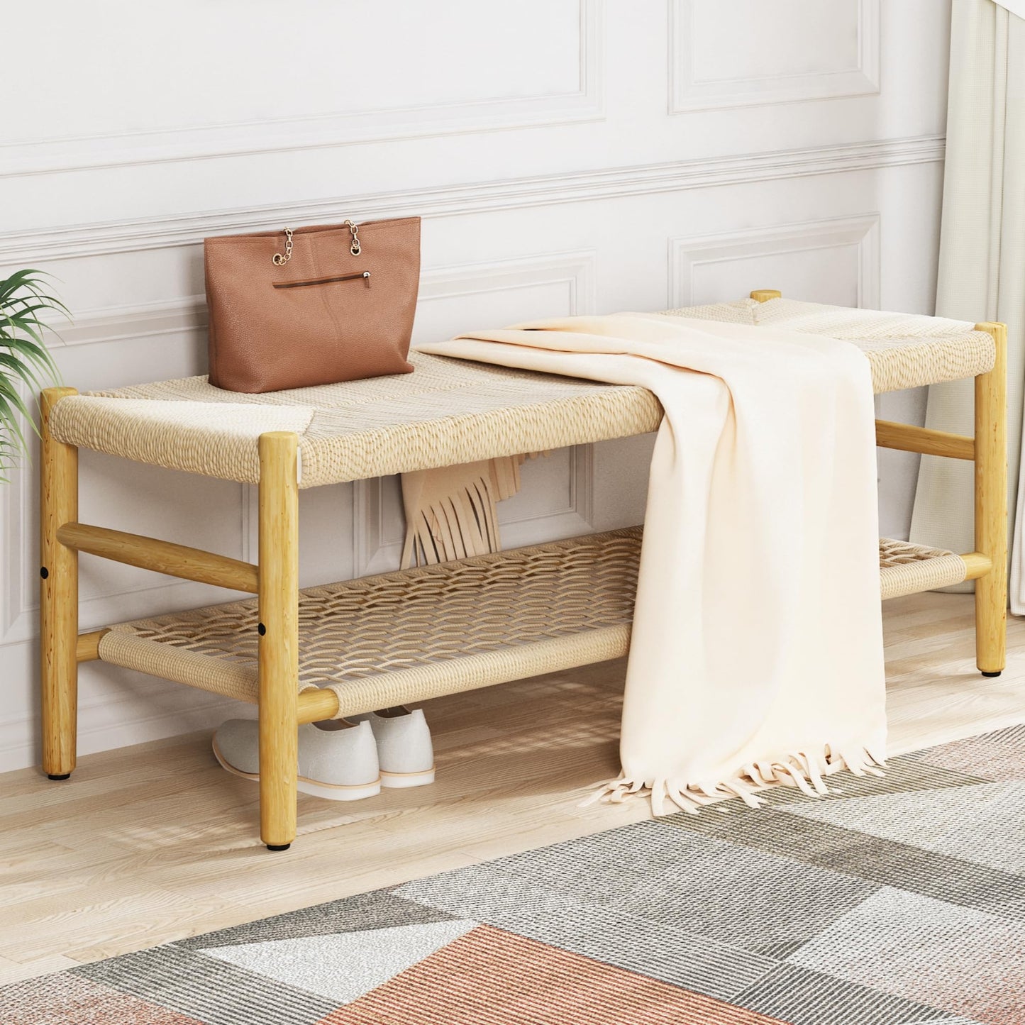 DKLGG Entryway Storage Bench with Mesh Shelf, Indoor Storage Bench Entrance Bench with Paper Cord & Rubber Wood Legs, Narrow Bench Boho Bench Dining Room Bench for Entryway, Living Room, Bedroom