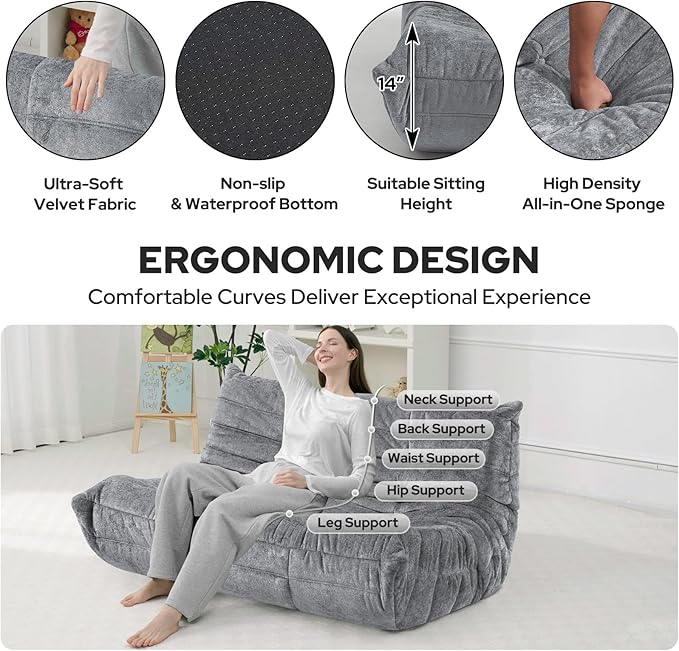 HABUTWAY Bean Bag Chair, Giant Bean Bag Chairs for Adults, Loveseat Fireside Chair, 2 Seater Lazy Bean Bag Sofa Memory Foam Couch for Living Room, Bedroom, Office (Light Grey)