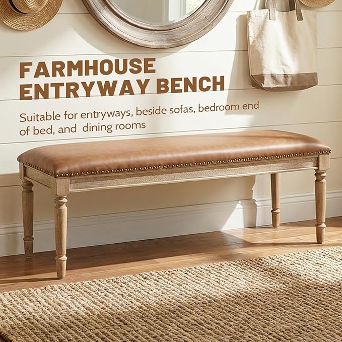 chairus Farmhouse Dining Bench 46" Wooden Entryway Bench with Padded Seat and Nailhead Trim for Kitchen Bedroom,Indoor and Hallway, Brown Leather