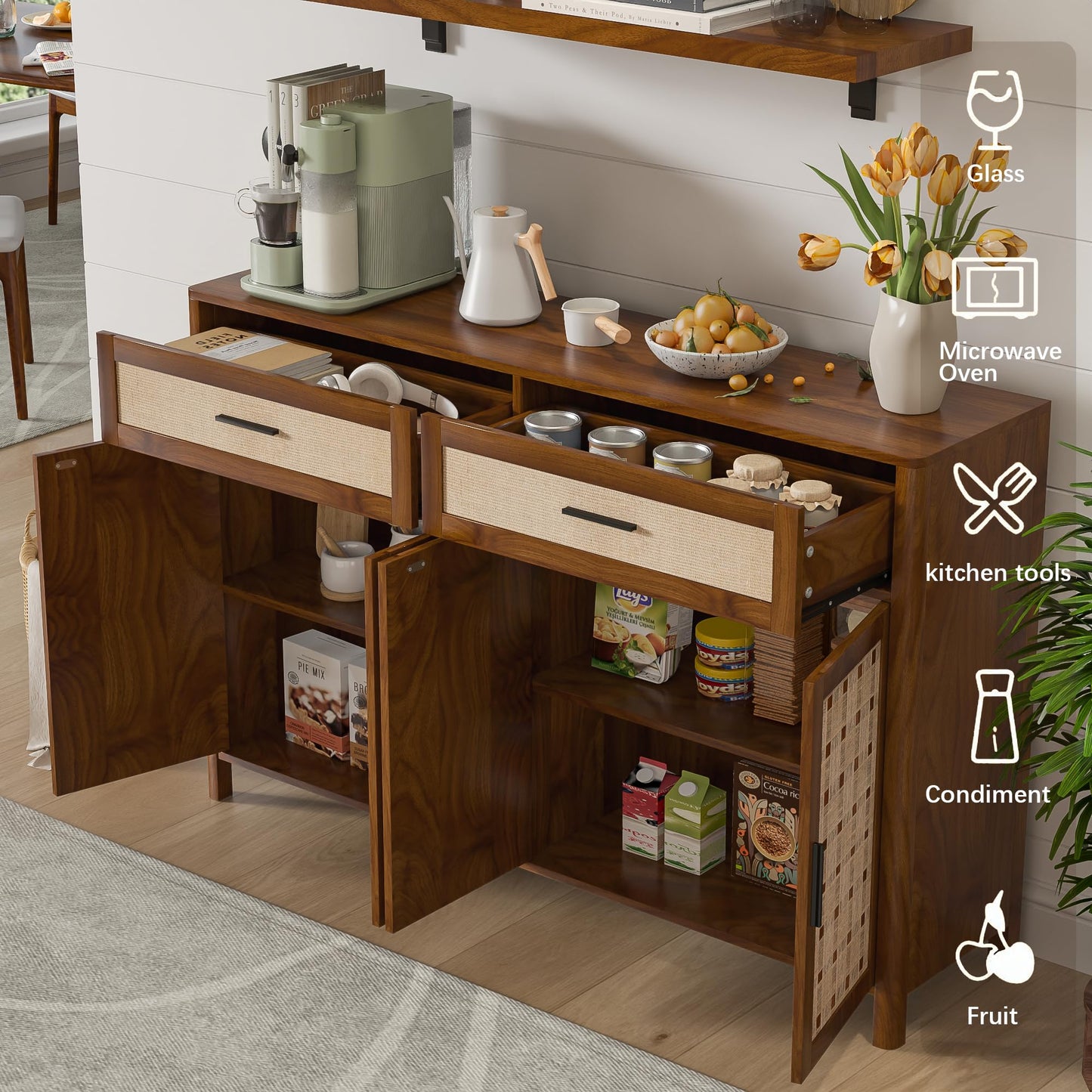 Mxtxmy Farmhouse Sideboard Buffet with Storage, 55' Large Buffet with 4 Doors and 2 Drawers, Wood Coffee Bar, Storage Cabinet for Kitchen, Dining Room, Living Room (Walnut)
