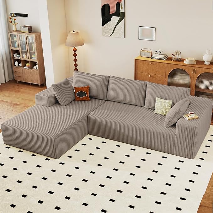 96" Cloud Sectional Couch with L-Shape Chaise, Modern Corduroy Boneless Couch for Living Room,Memory Foam Sofa with Deep Seat,No Assembly Required (Camel,Left-Facing Chaise)