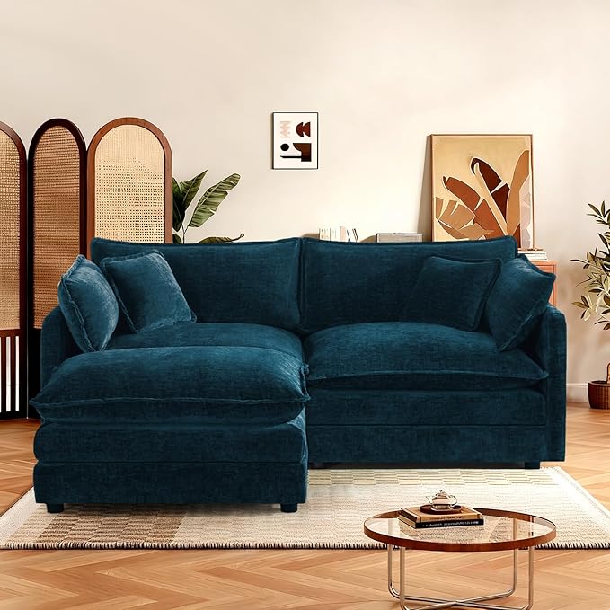 SoarFlash Chenille Sectional Sofa, Comfy L Shaped Modular Coush Sofa with Ottoman, Modern 2 Seat Couch Deep Seat Sofa Set for Living Room,Deep Blue