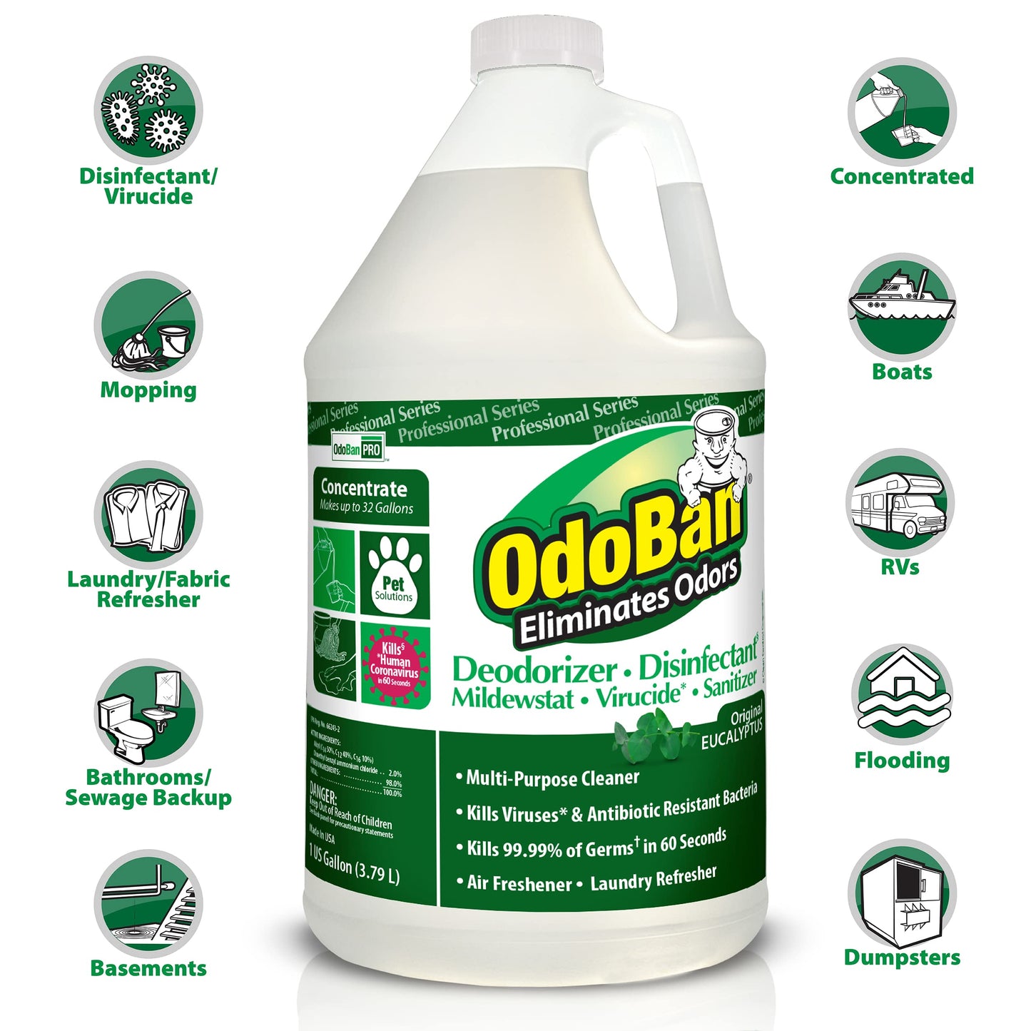 OdoBan Professional Disinfectant and Odor Eliminator Concentrate, Made in the USA, Original Eucalyptus Scent, 1 Gallon