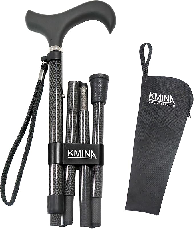KMINA Folding Cane for Men and Women (Carbon Fiber), Soft Grip, Adjustable Height, Lightweight, Black, PRO Model
