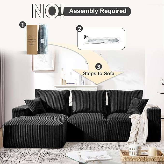Myroyalsit 108" Modular Sectional Sofa, Compression Sofa with Deep Seat, Modular L-Shape Couch with Chaise, Upholstered Couches for Living Room Bedroom, No Assembly Required (Black, 108" L Shape)
