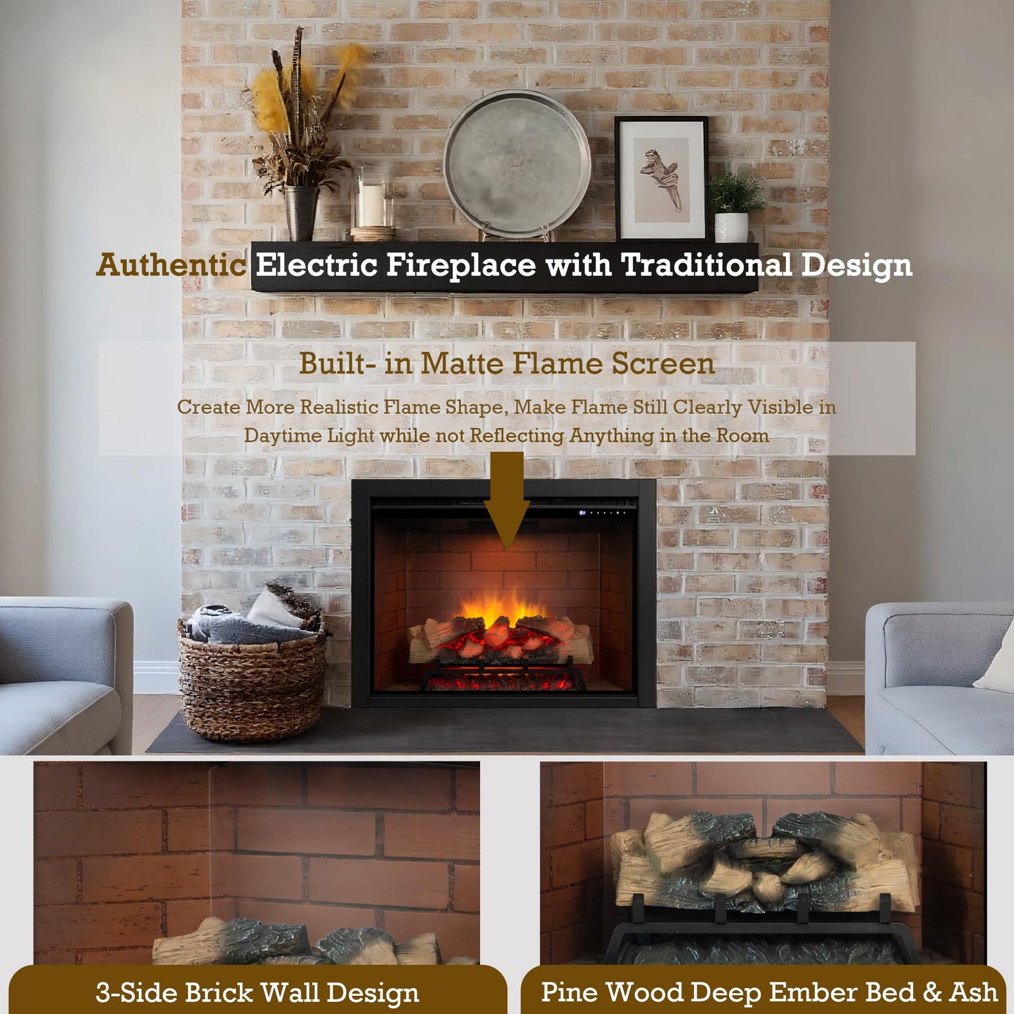 Unineo Electric Fireplace Insert w/Top Light, 12×12×12 Flame Color Option with Fire Crackling Sound, 30 5/8″W×24 5/16″H, 750W/1500W Eco Heater, Remote & Button Control, Black