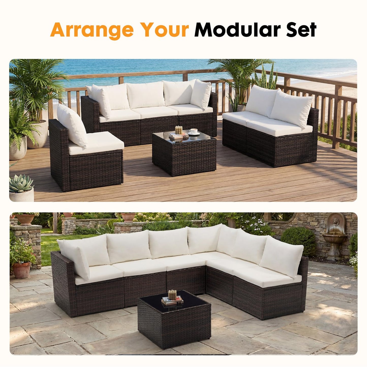 NEWBULIG 7-Piece Outdoor Patio Sectional Sofa, Weather-Resistant Modular Wicker Rattan Furniture Set with 2.8" Cushions, Tempered Glass Table & Adjustable Feet for Deck, Backyard, Poolside (Brown)