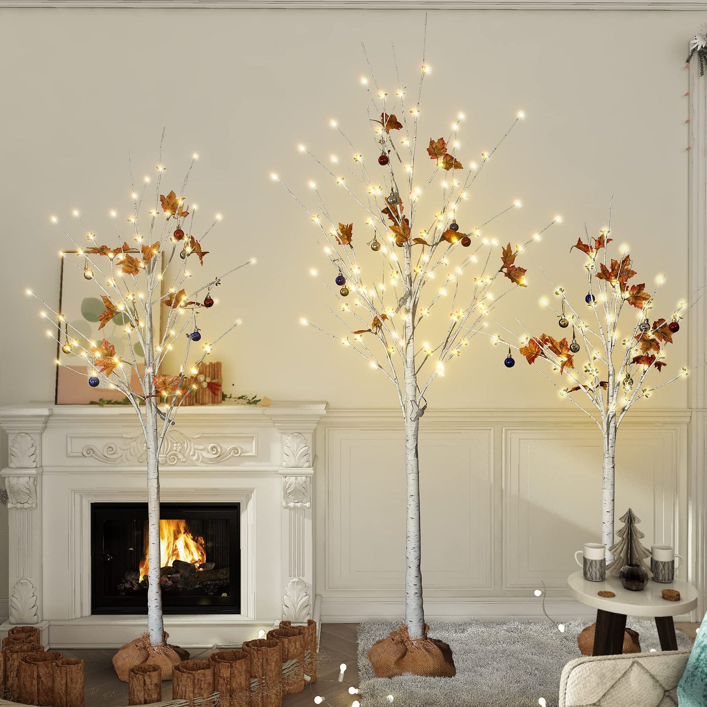 Set of 3 Birch Tree with LED Lights, 4FT 5FT 6FT Prelit Christmas Tree, Lighted White Artificial Tree for Indoor Outdoor, Thanksgiving Christmas Seasonal Holiday Decoration