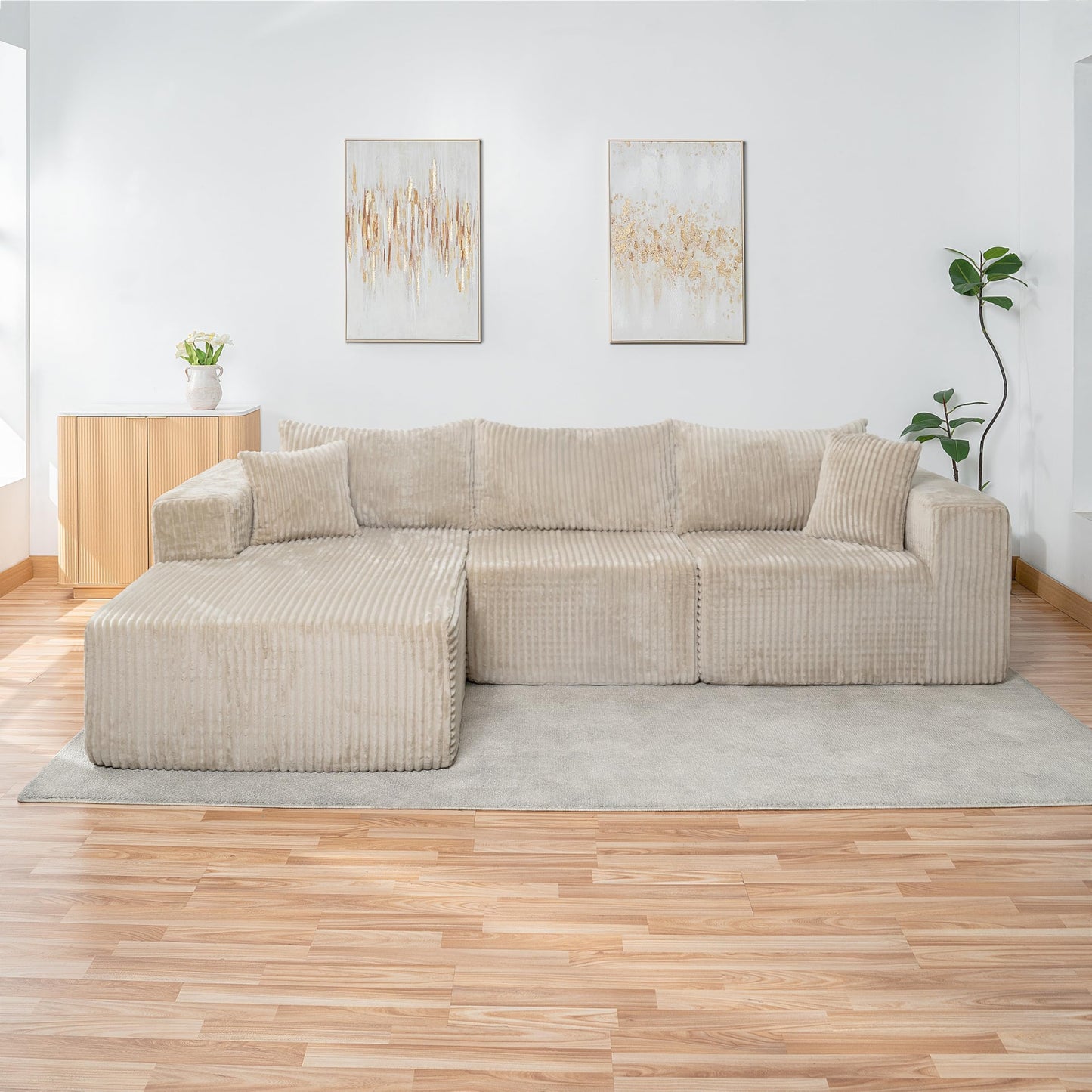 Naomi Home Pamela 110" Boneless Cloud Couch L Shaped Modular Sectional Sofa with Chaise, Deep Seat Comfy Corduroy Couch for Living Room, Sag-Free Foam, Pet Friendly, No Assembly Beige