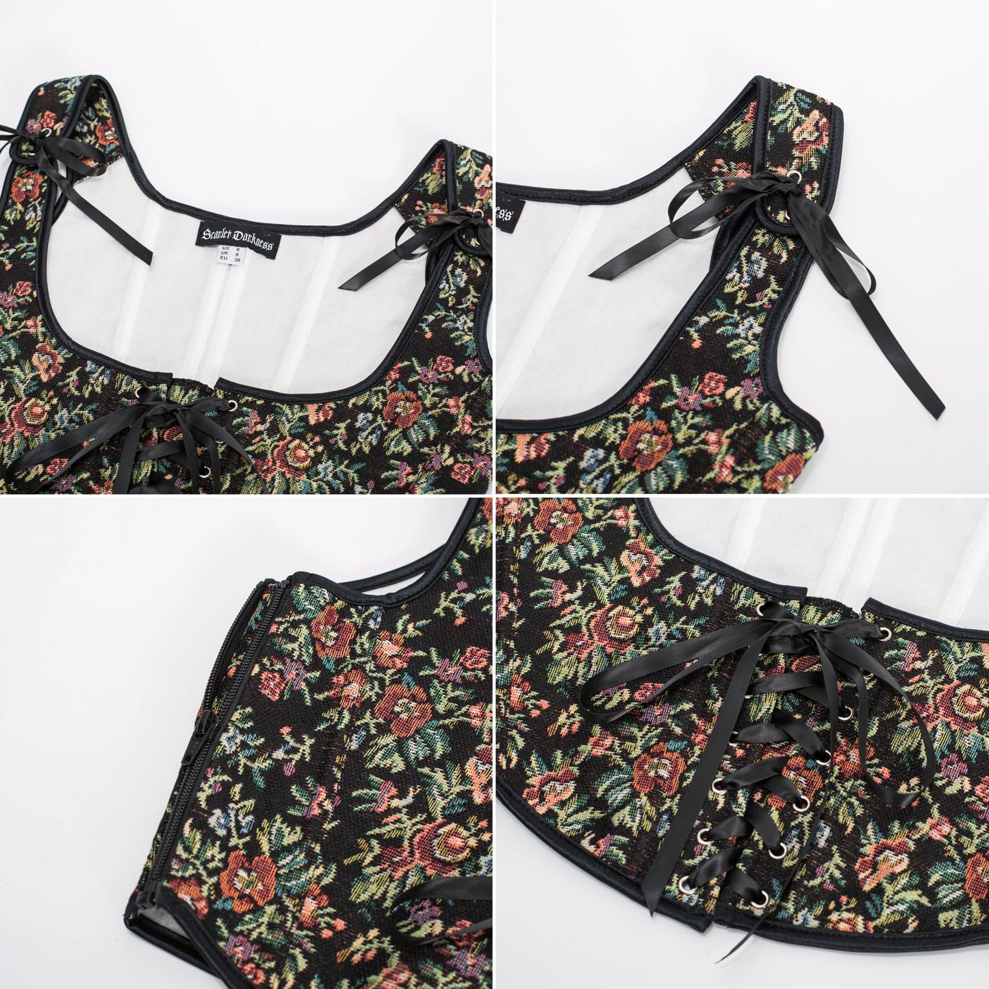 Scarlet Darkness Women's Renaissance Corset Belt Boned Underbust Corset Tops Black Multi Floral Size 14