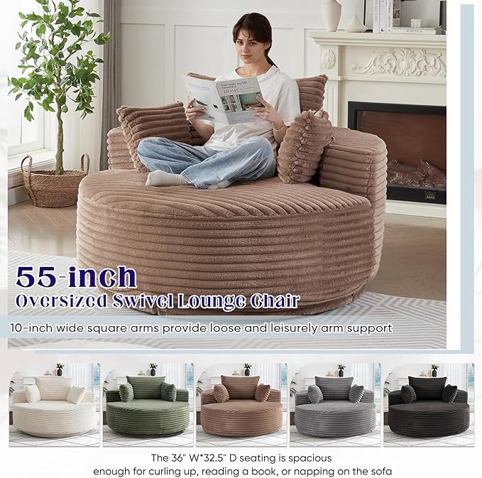360-Degree Oversized Swivel Chair, Modern Round Circle Corduroy Comfy Deep Seat Swivel Accent Chaise Lounge Sofa Chair with Back Cushion & 2 Throw Pillows for Living Room Bedroom Office, Brown