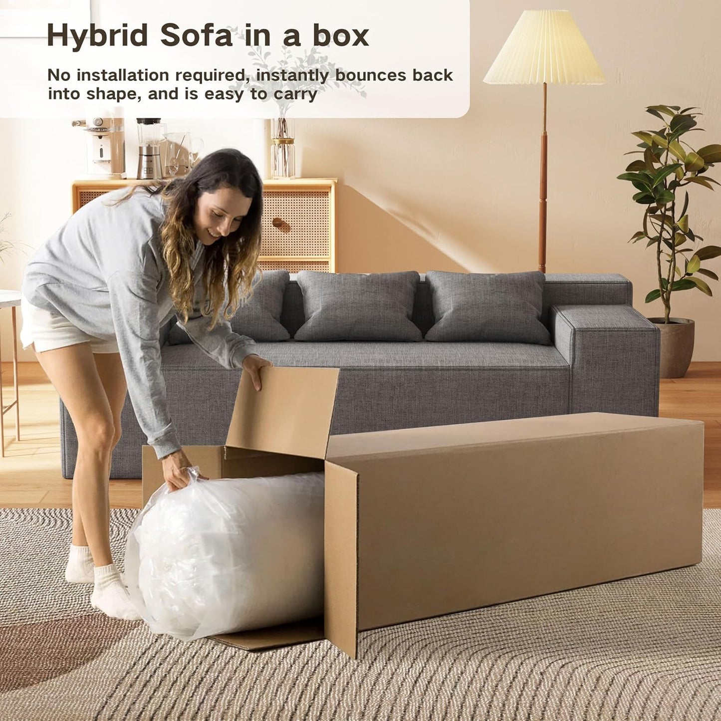 Modular Sectional Sofa, 3 Seater 105" Deep Seat Corduroy Lounge Sofa with Movable Cushions, Modular Couch for Small Spaces, Living Room, Bedroom, Apartment, Office - Gery