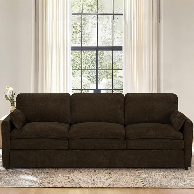 ACMEASE 89” Chenille Sofa w/Two Arm Pillows, Upholstered 3 Seater Sofa w/Comfortable Back Cushions, Modern 3 Seats Couch w/High-Density Foam for Living Room, Apartment, Office, Brown