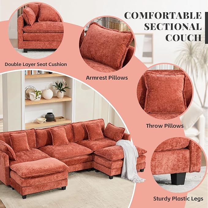 SoarFlash 113.78" Chenille Sectional Sofa, Comfy U Shaped Modular Coush Sofa with Ottoman, Modern 4 Seat Couch Deep Seat Sofa Set for Living Room,Orange