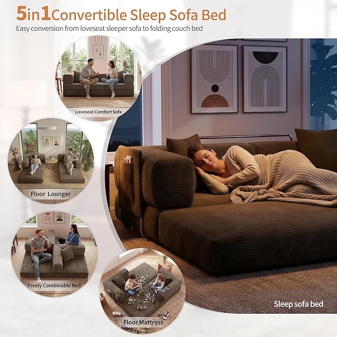 Fancyfire 78.8" Convertible Sofa Bed with Armrest Pillow,4-in-1 Sleeper Couch Bed for Livingroom,Modular Corduroy Boneless couches,No Assembly (Brown)
