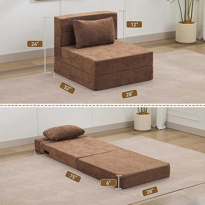 WUTUTUEE Folding Sofa Bed Convertible Floor Couch Foldable Chair Bed with Pillow，Linen Sleeper Chair Futon,Foldable Memory Foam Mattress for Bedroom/Living Room/Dorm/Office (Brown, Single)