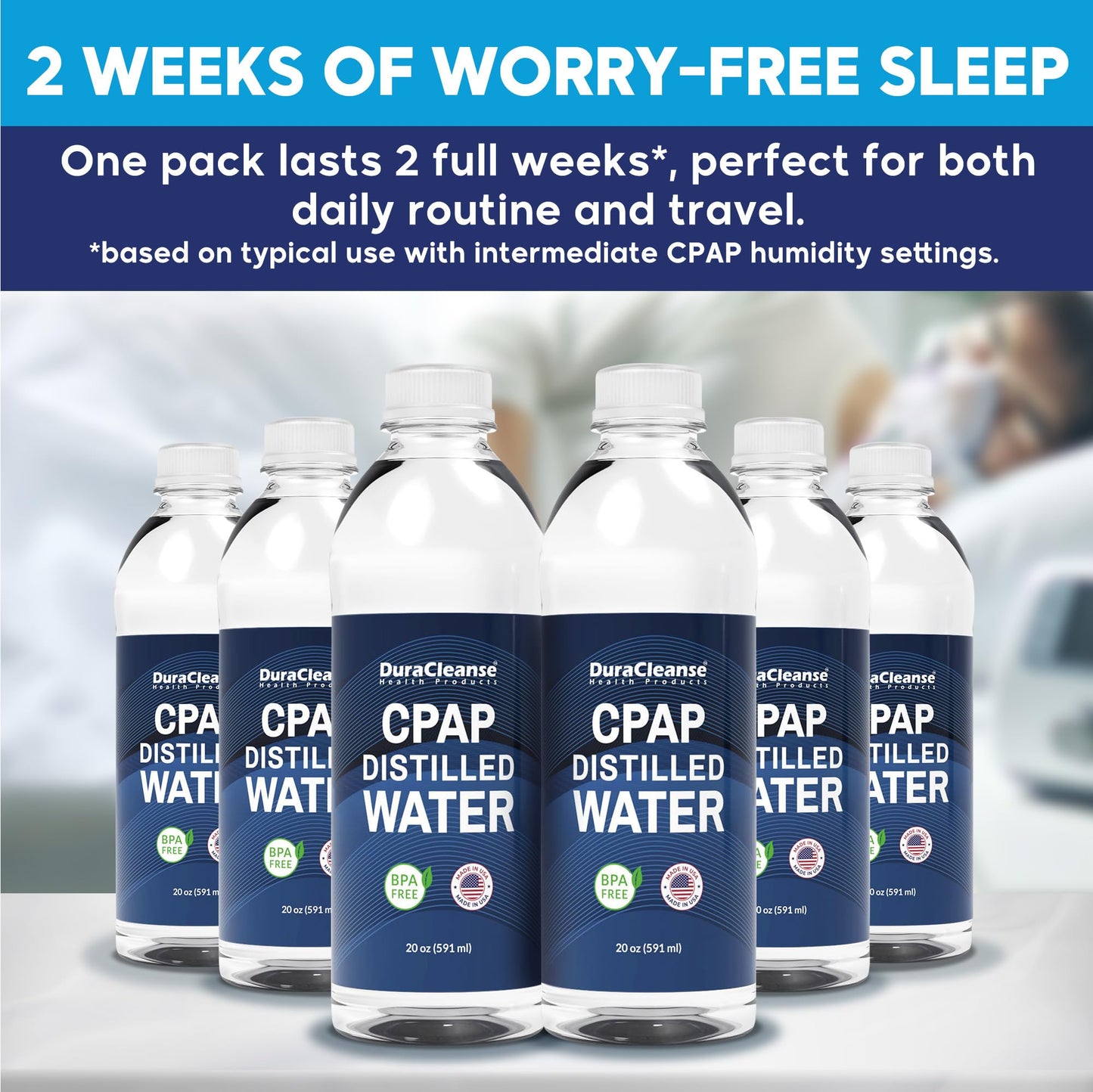 Dura Cleanse Distilled Water for CPAP Machines 6 Pack (20 oz Each) Travel Size Bottles for Resmed, Respironics Machines, Personal Humidifier - Made in USA, BPA-Free, Clean, Multi-Use, Travel-Friendly