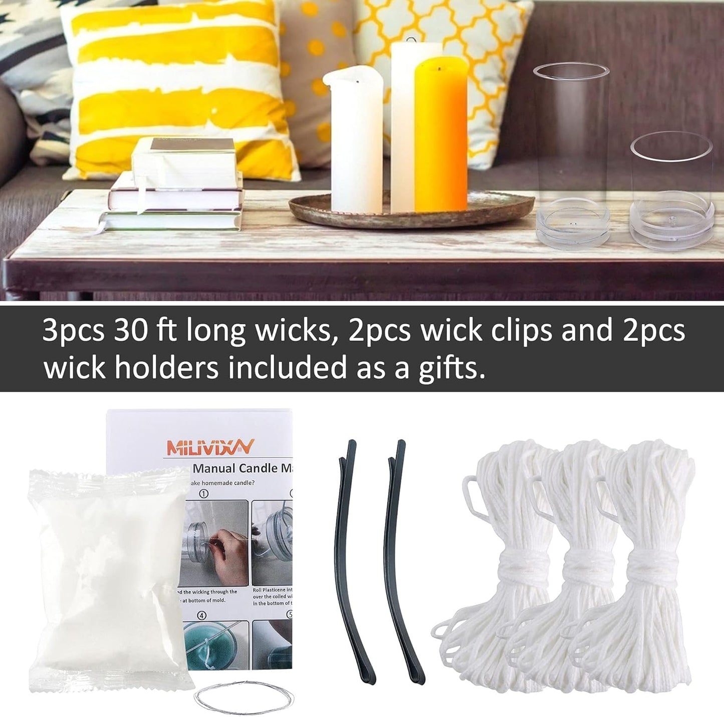 MILIVIXAY Cylinder Candle Mold Set-4PCS Pillar Candle Molds - Plastic Candle Molds for Candle Making-Candle Making Molds-120 Ft. of Wick 2 Wick Clips and 2 Wick Holders Included as a Gift.