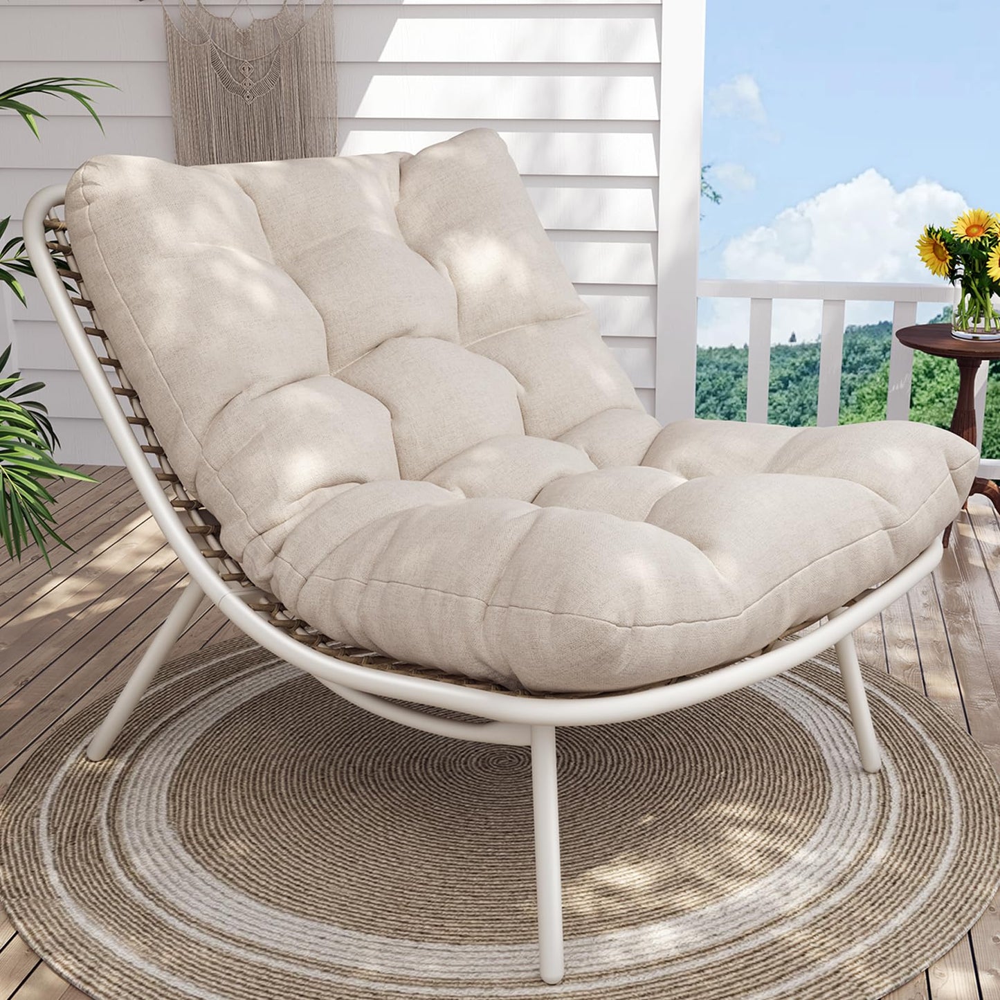 SWITTE Wicker Chaise Lounge Chair, Outdoor Papasan Recliner with Thick Cushion, Low Seat Patio Chair for Balcony, Backyard, Poolside - Beige