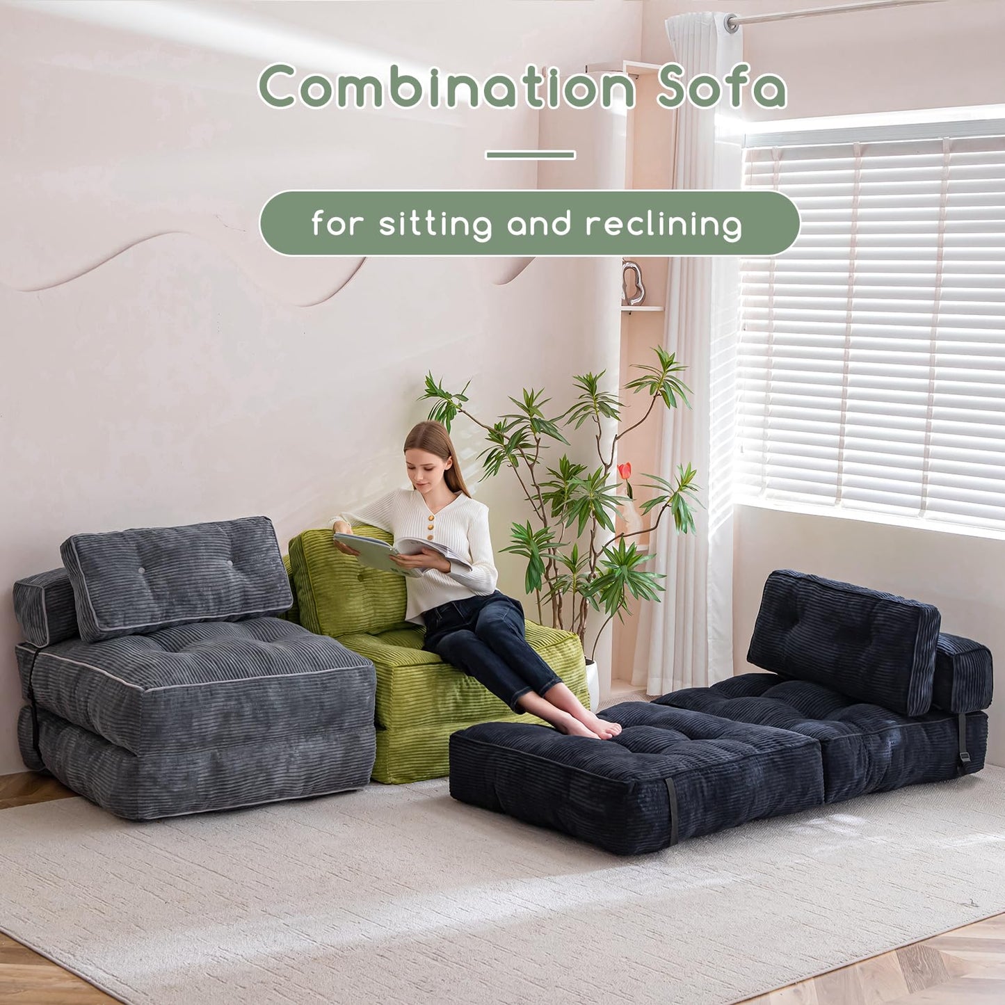 HIGOGOGO Folding Couch Sofa Bed, Convertible Sleeper Chair with Pillow Foldable Mattress with Back Support, Portable Fold Out Chair Bed Floor Mattress,Comfy Floor Sofa for Living Room,Bedroom