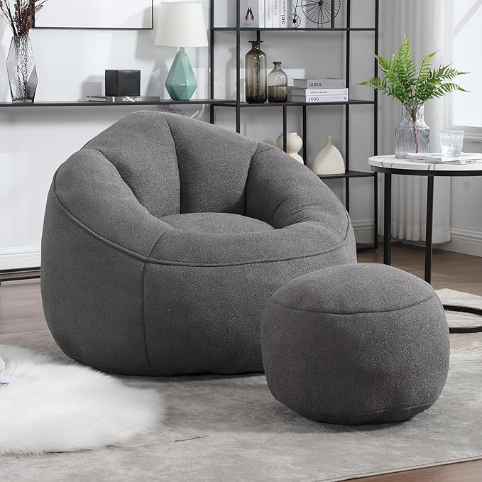 Bean Bag Chairs, Gaint Bean Bag Couch with Memory Foam for Adults and Kids, Microfiber Upholstered Sofa with Ottoman, Comfy Lazy Bean Bag Reading Chair for Living Room