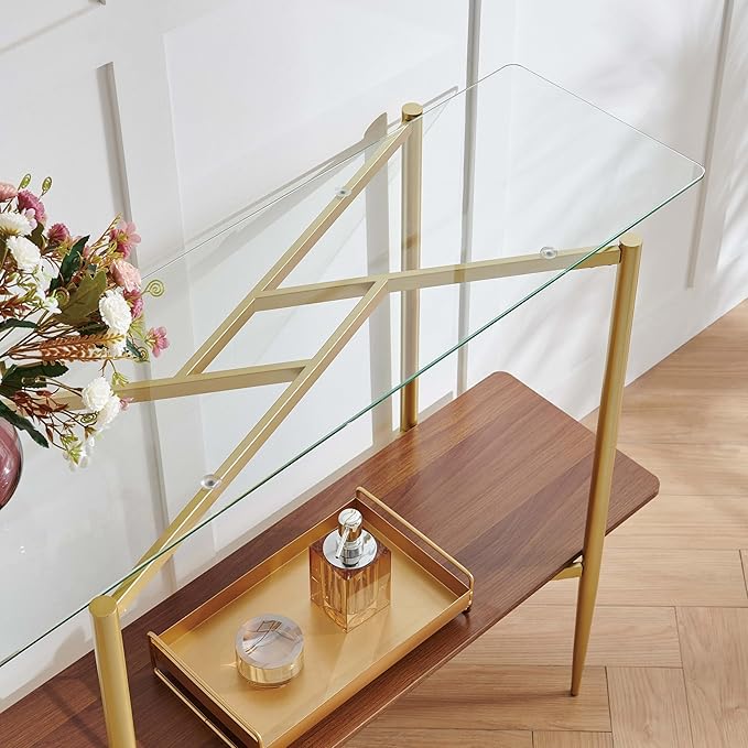 Pine Flicker Rectangle Glass Console Table, Mid-Century Modern Design, L41*W14*H32 inch, for Living Room, Clear Glass Top and Walnut Finish Wood Shelf, Conical Metal Legs with Gold Finish