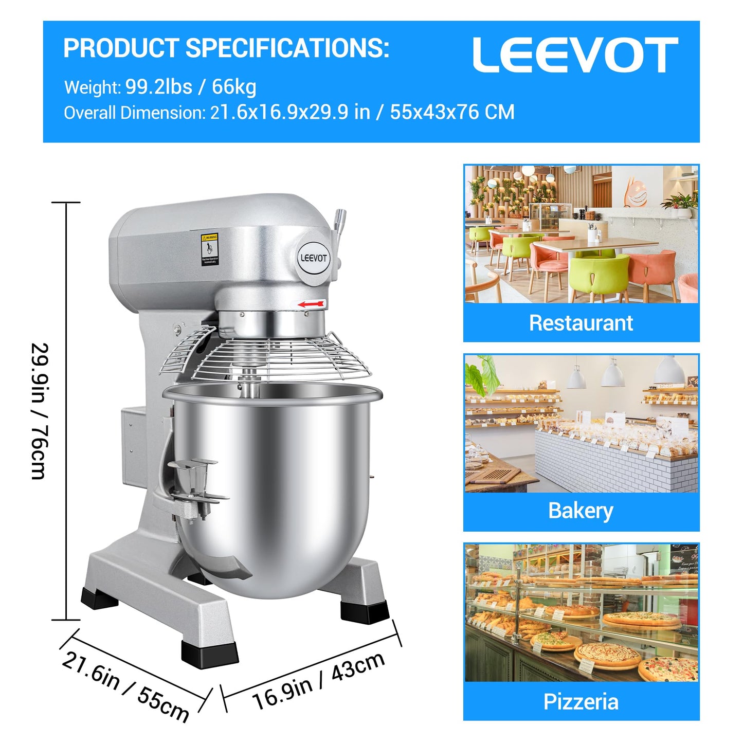 LEEVOT 20 qt 1100W Commercial Food Mixer, Commercial mixer 3-Speed Adjustable Heavy Duty Stand Mixer with Stainless Steel Bowl for Bakery Pizzeria. (Stand)