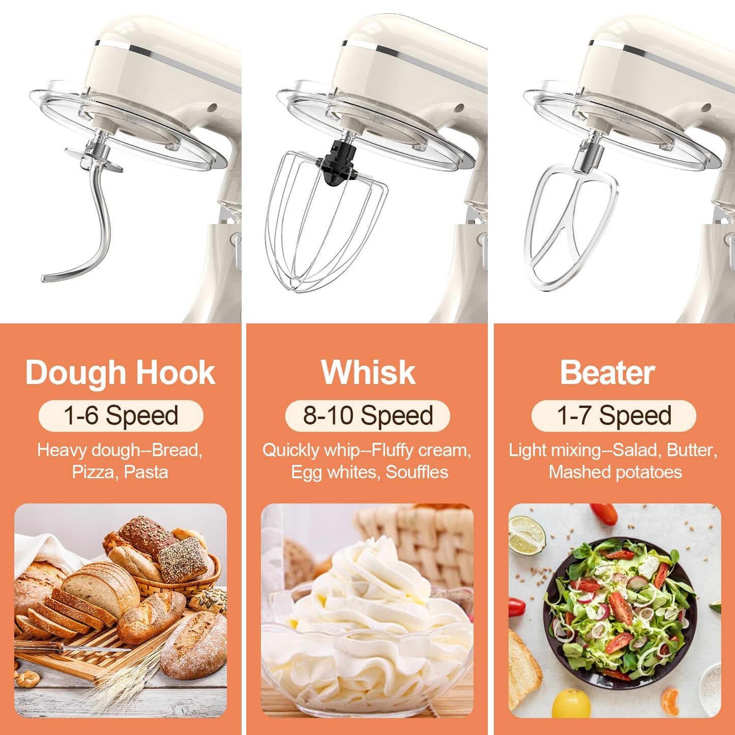 CEBORY 3-IN-1 Electric Stand Mixer, 6.5QT Bowl 660W 10-Speed Kitchen Mixer, Household Food Mixers include Dough Hook, Beater and Whisk, Bread Cake Mixer for Baking and Most Home Cooks, Almond Cream