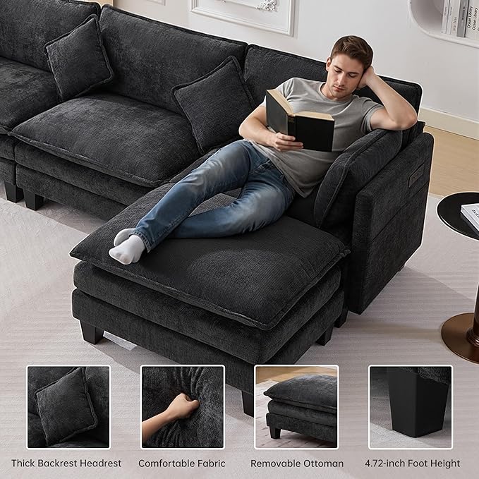 Opiesit 108" Modular Sectional Couches for Living Room with Ottoman, L Shaped Cloud Couch with Charger, USB & Type-c Port, Comfy Sofas with Deep Seat, Chenille Fabric, Black