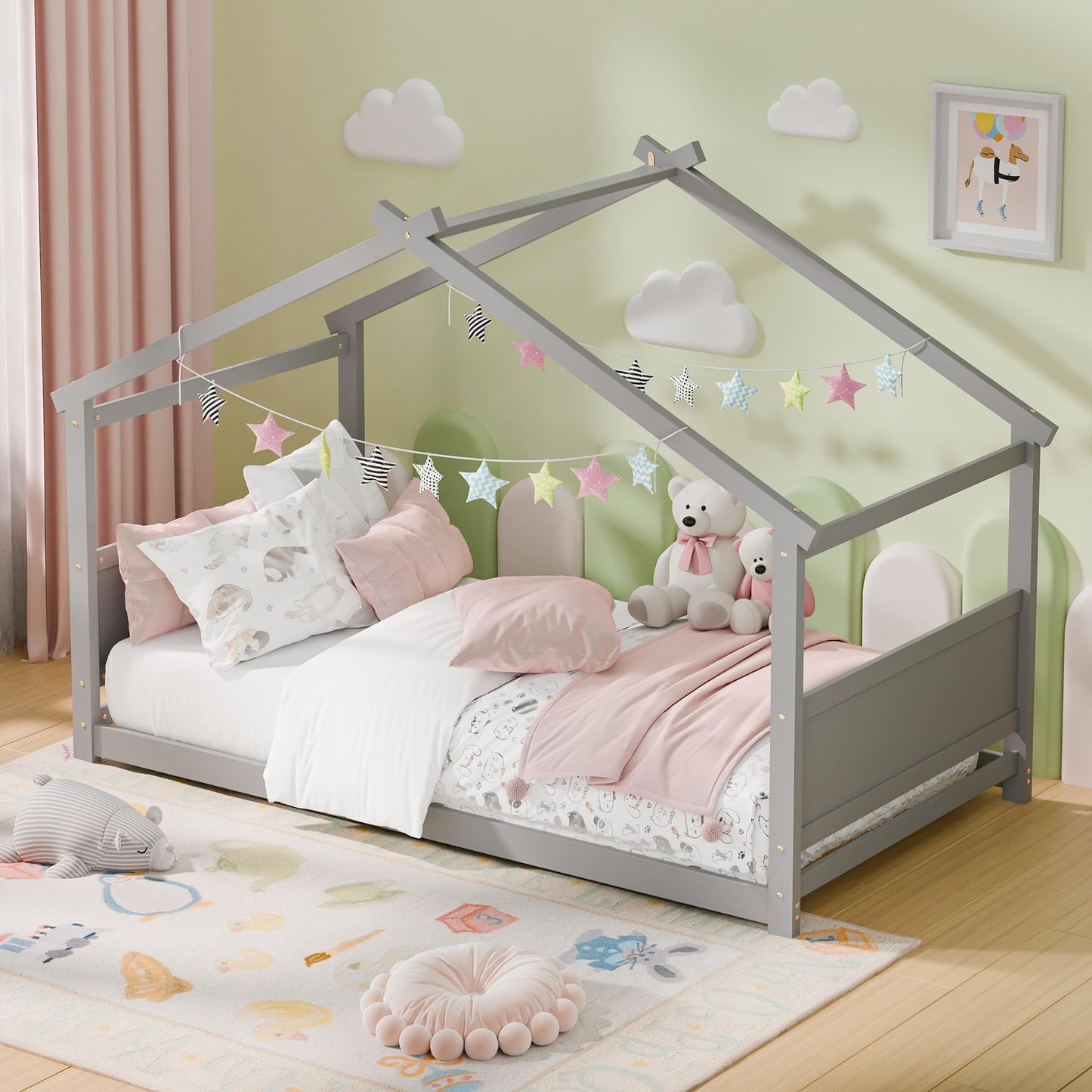 Redpick Twin House Bed, Montessori Floor Bed with Headboard & Footboard, Solid Wood Bed Frame for Toddlers Teens Bedroom, No Box Spring Needed, Grey