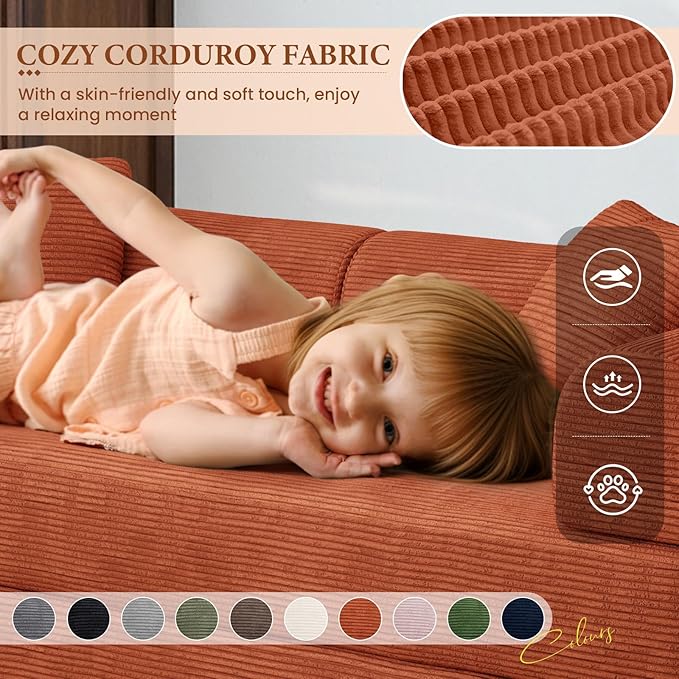 77" Convertible Sofa Bed, Modular Folding Futon Corduroy Floor Foam Compressed Loveseat Sleeper Sofa Couch, Pull Out Queen Size Couch Bed with 2 Pillows for Living Room Guest Room Studio, Orange